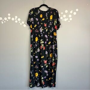 Positive Attitude Vintage Black Floral Prairie Midi Dress Rayon Short Sleeve